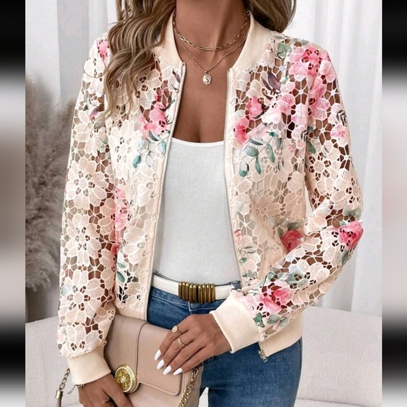 Women's Elegant Lace Zipper Sheer Embroidered Long Sleeve Jacket